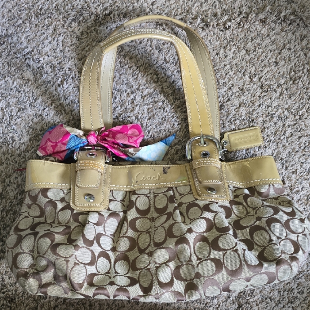 Coach Brown and Tan Shoulder Bag with Signature Monogram